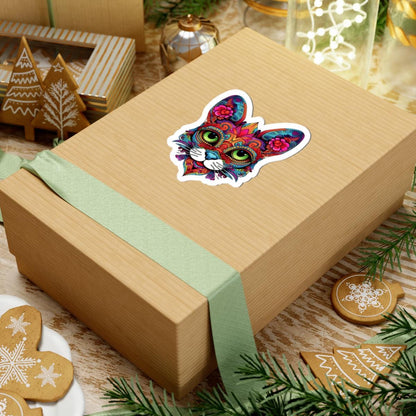 Psychedelic Floral Cat Sticker | Mandala Calavera Cat Decal, Green Eyes