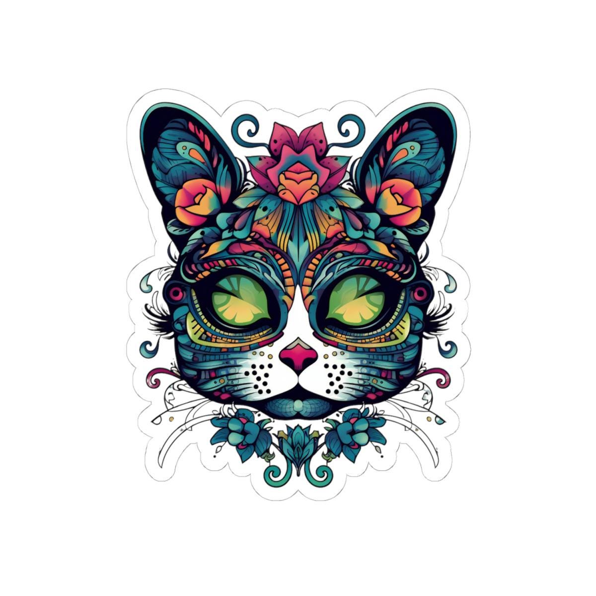 Mystical Botanical Cat Sticker | Psychedelic Floral Feline Vinyl Decal