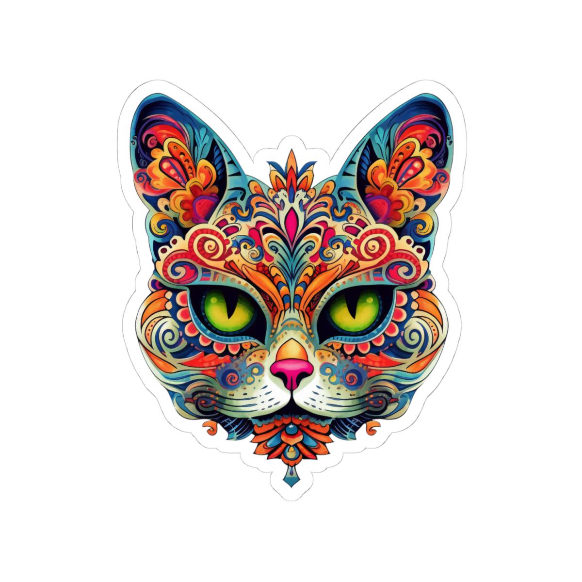 Psychedelic Mandala Cat Sticker | Vibrant Floral Trippy Vinyl Decal (Waterproof)