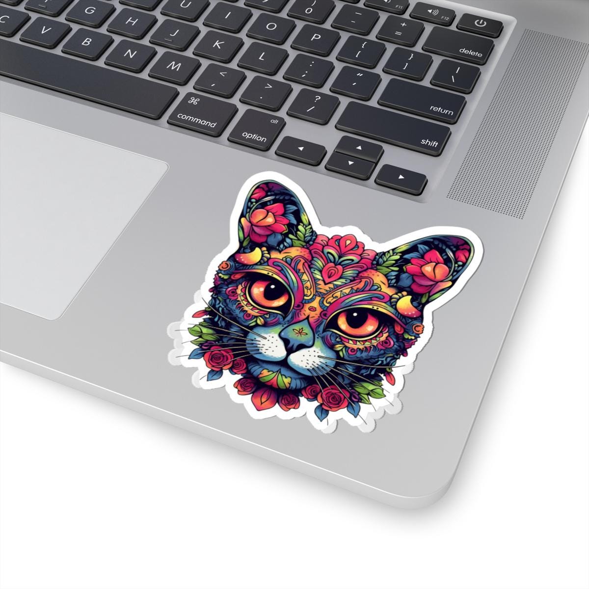 ColorFlow | Psychedelic Floral Cat Sticker with Roses and Orange Eyes | Boho Trippy Vinyl Decal for Laptop Water Bottle Journaling