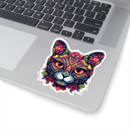 ColorFlow | Psychedelic Floral Cat Sticker with Roses and Orange Eyes | Boho Trippy Vinyl Decal for Laptop Water Bottle Journaling