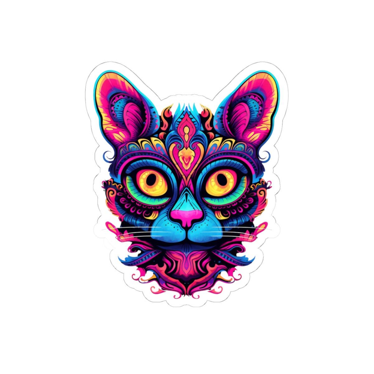 ColorFlow | Vibrant Psychedelic Cat Sticker with Neon Mandala Art | Trippy Rainbow Kitty Vinyl Decal | Mystical Boho Cat Design