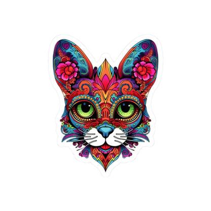 Psychedelic Floral Cat Sticker | Mandala Calavera Cat Decal, Green Eyes