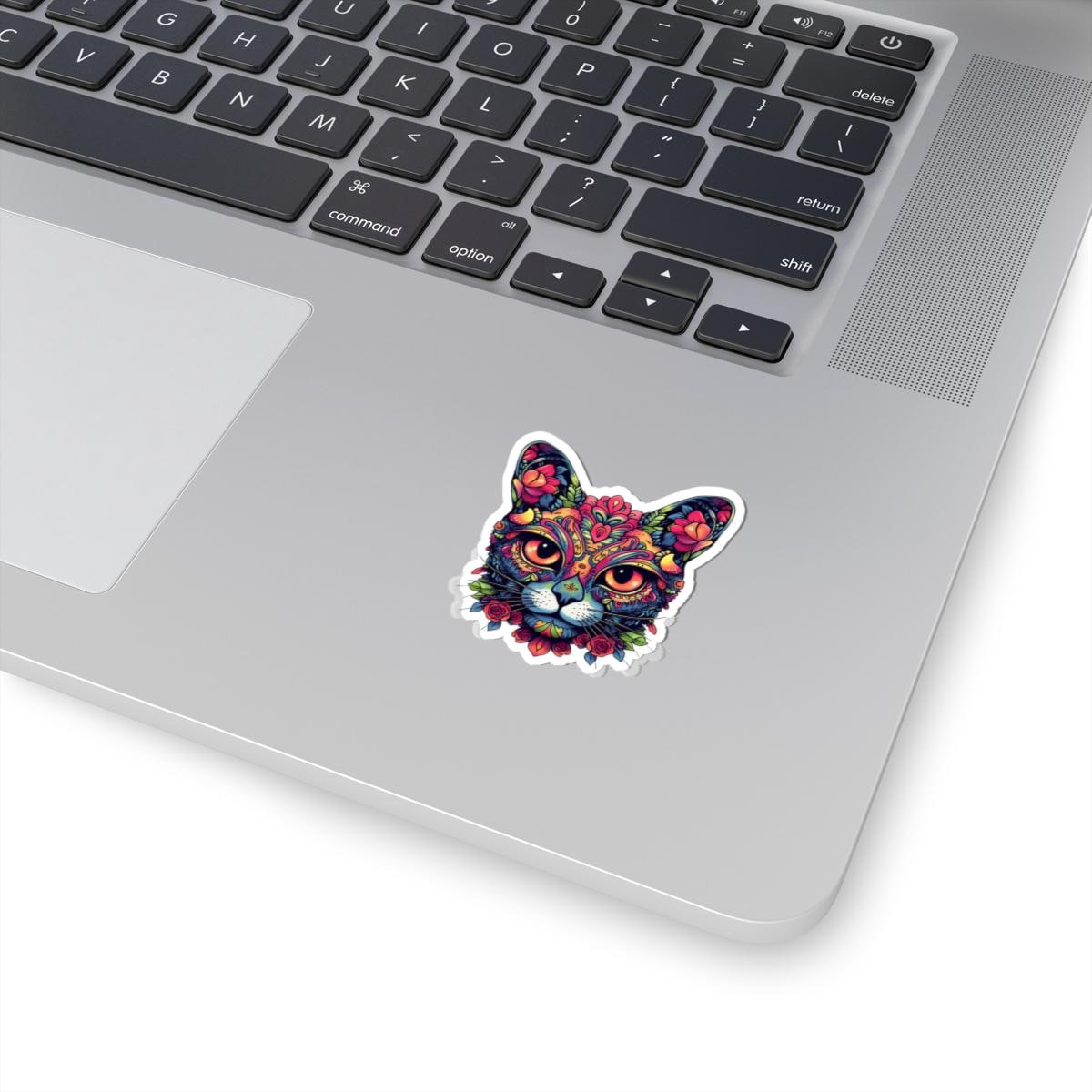 ColorFlow | Psychedelic Floral Cat Sticker with Roses and Orange Eyes | Boho Trippy Vinyl Decal for Laptop Water Bottle Journaling
