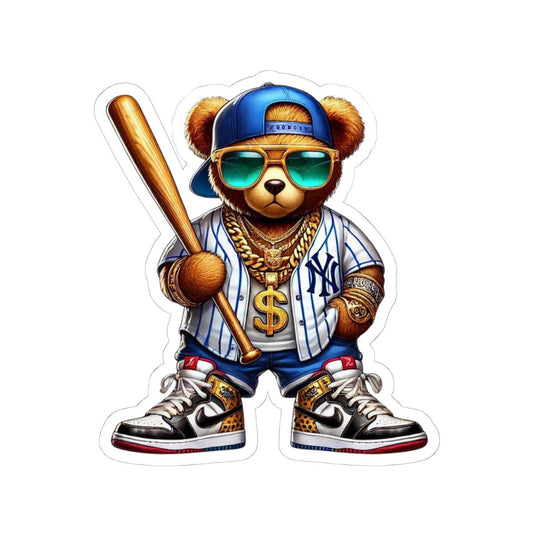 Urban Baseball Bear Sticker | Hip Hop Teddy with Bat, Chains (Kiss Cut Decal)