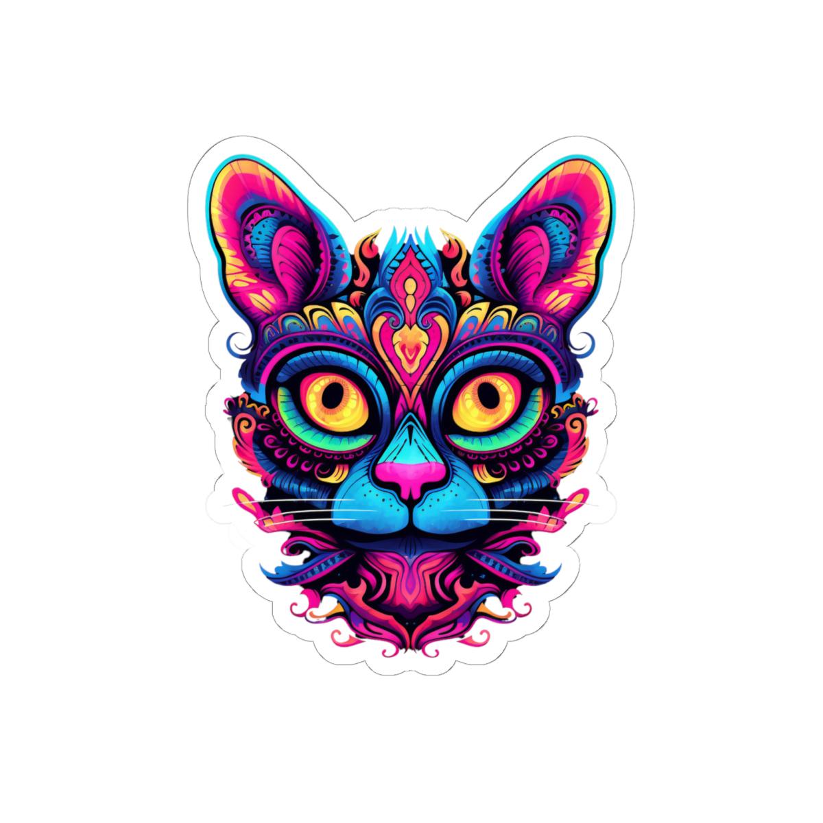 ColorFlow | Vibrant Psychedelic Cat Sticker with Neon Mandala Art | Trippy Rainbow Kitty Vinyl Decal | Mystical Boho Cat Design