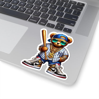 Urban Baseball Bear Sticker | Hip Hop Teddy with Bat, Chains (Kiss Cut Decal)