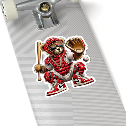 Baseball Catcher Bear Sticker | Red Gear, Gold Chain, Sports Fan Decal