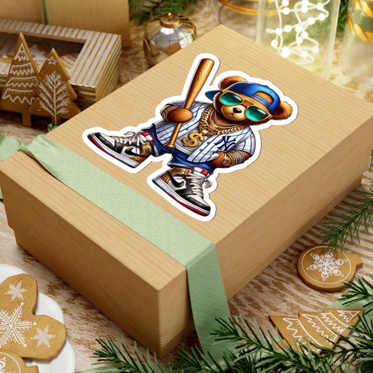 Urban Baseball Bear Sticker | Hip Hop Teddy with Bat, Chains (Kiss Cut Decal)