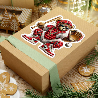 Baseball Catcher Bear Sticker | Red Gear, Gold Chain, Sports Fan Decal