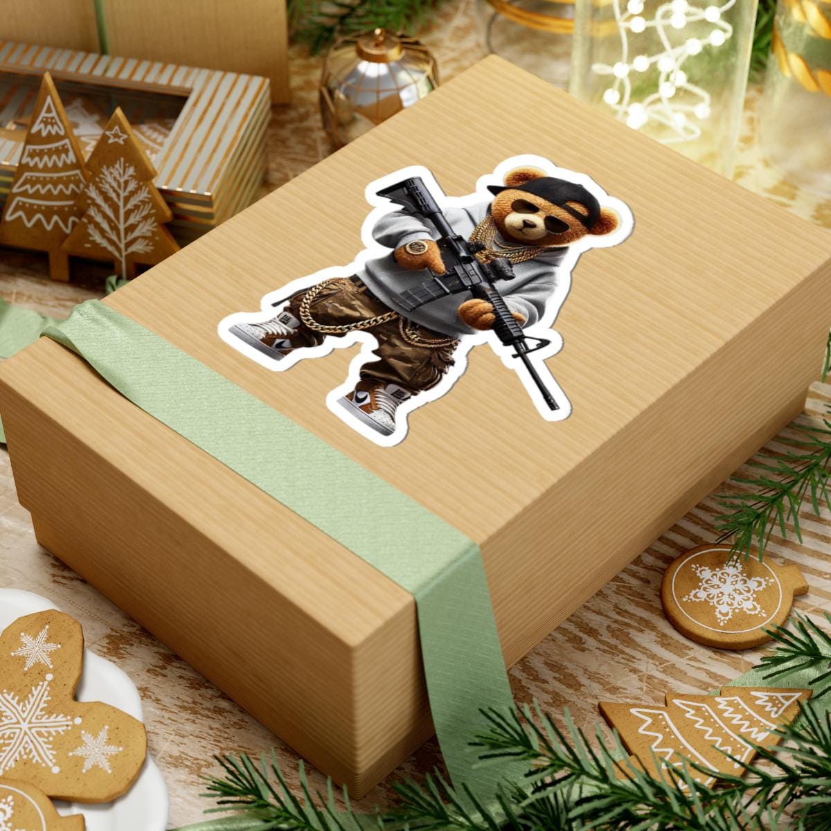 ColorFlow Camo Bear Sticker | Gold Chain Hip Hop Vinyl Art Decal