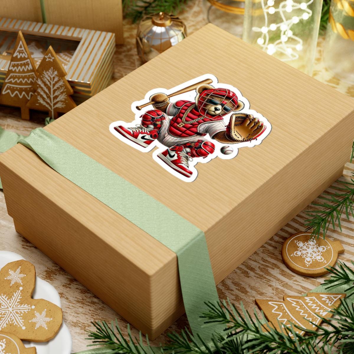 Baseball Catcher Bear Sticker | Red Gear, Gold Chain, Sports Fan Decal