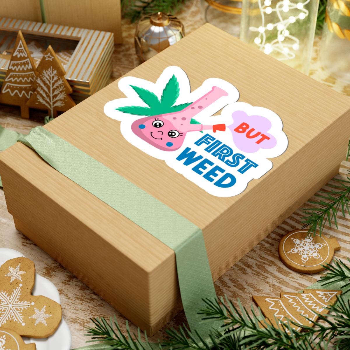 ColorFlow | But First Weed Sticker Cute Bong Design Funny Cannabis Quote for Chill Vibes Aesthetic Stoner Laptop Sticker