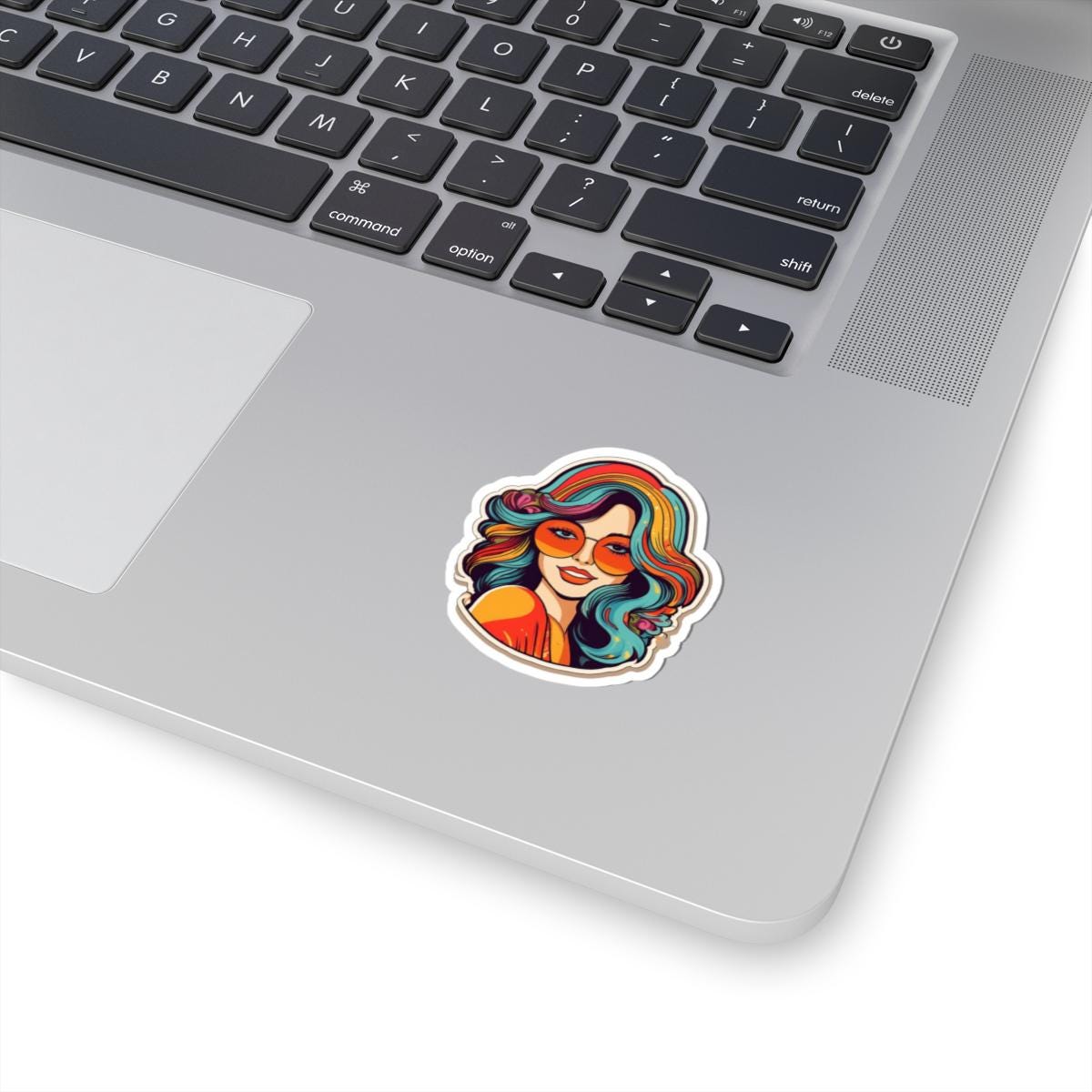 ColorFlow | Groovy Retro Woman Sticker with Colorful Hippie Hair and Sunglasses