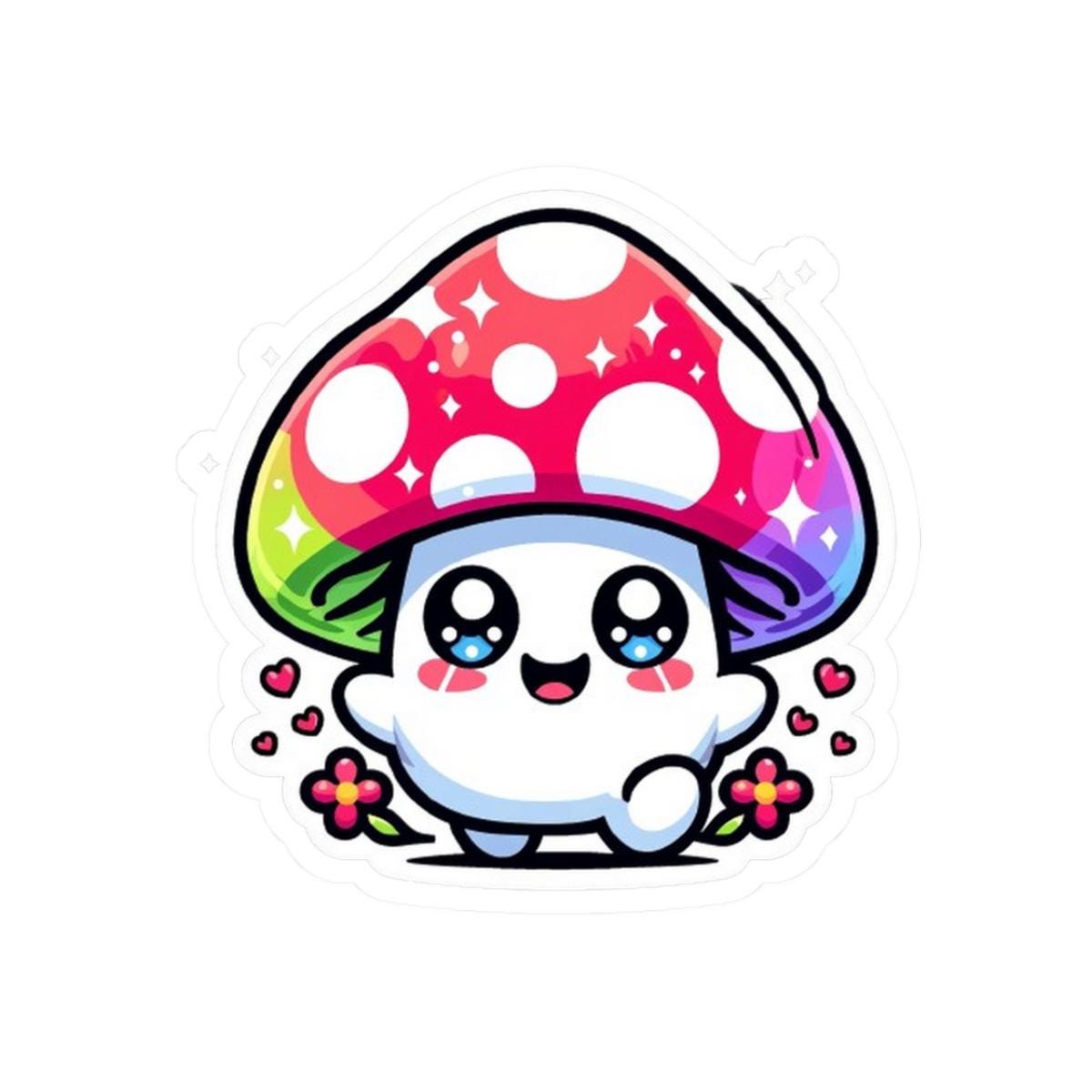 Rainbow Kawaii Mushroom Sticker | Sparkle Eyes, Flowers, Vinyl Decal