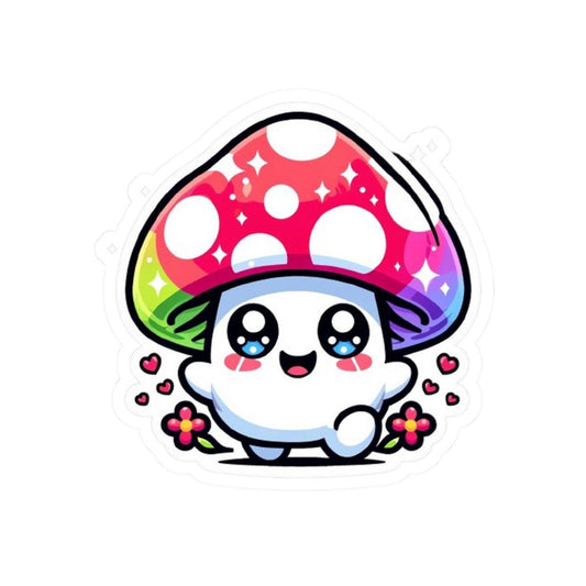 Rainbow Kawaii Mushroom Sticker | Sparkle Eyes, Flowers, Vinyl Decal