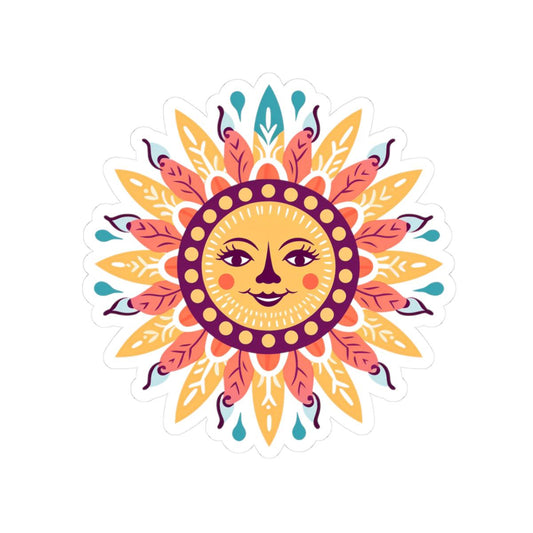 ColorFlow | Smiling Sun Mandala Sticker | Boho Hippie Celestial Vinyl Decal | Sun Face Art