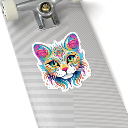 ColorFlow Psychedelic Cat Face Sticker | Trippy Rainbow Kitty Head Art | Vibrant Vinyl Sticker