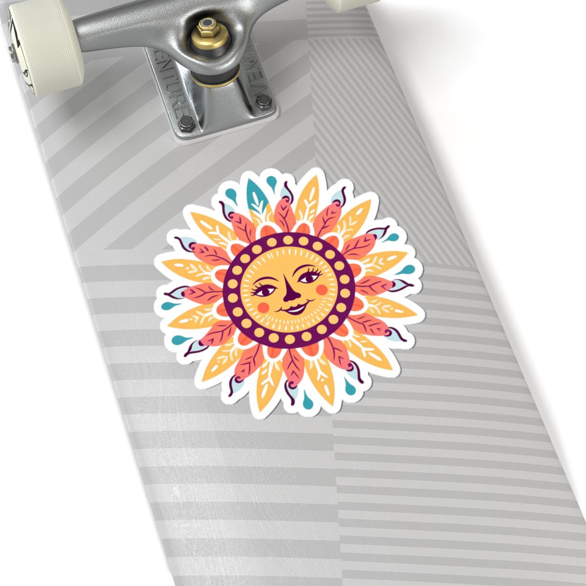 ColorFlow | Smiling Sun Mandala Sticker | Boho Hippie Celestial Vinyl Decal | Sun Face Art