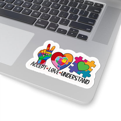 ColorFlow | Accept Love Understand Vinyl Sticker | Autism Acceptance Puzzle Hearts Peace Sign Design