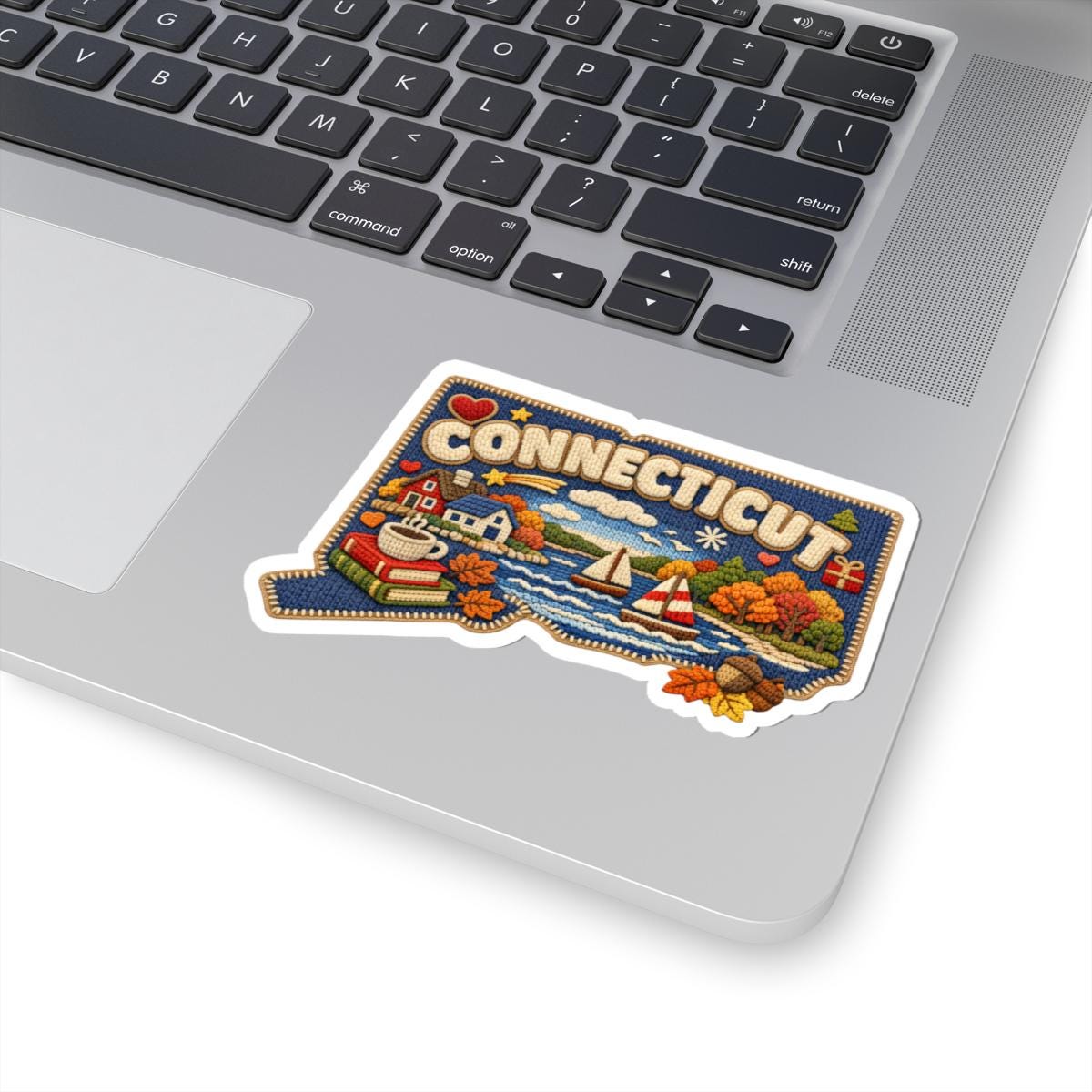 Connecticut Autumn Harbor Vinyl Sticker | Coastal Sailboats Fall Foliage Art
