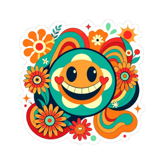 Retro Teal Heart Emoji Sticker | Groovy Flower Power Smiley Face Vinyl Decal