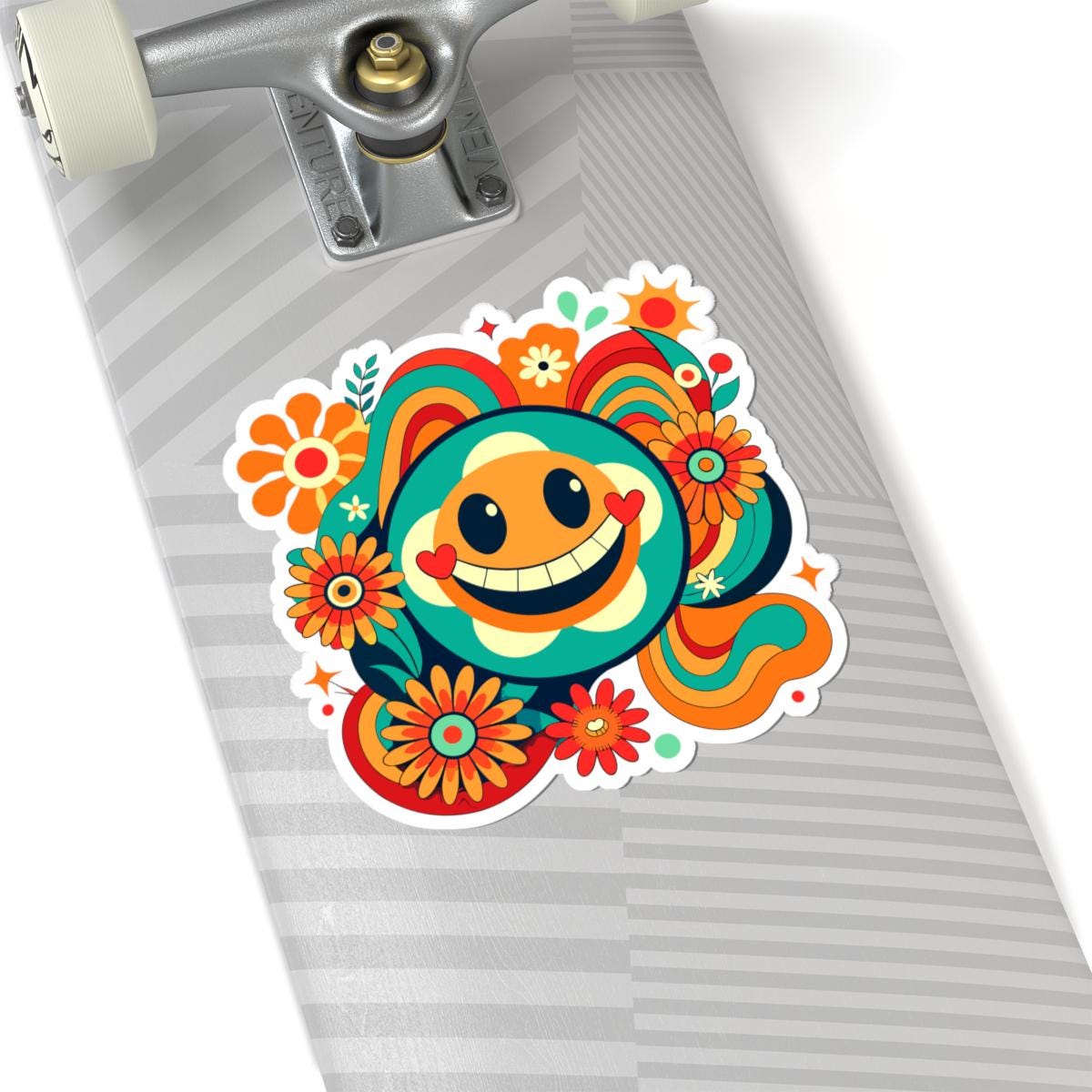Retro Teal Heart Emoji Sticker | Groovy Flower Power Smiley Face Vinyl Decal