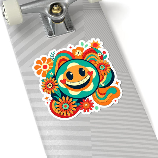 Retro Teal Heart Emoji Sticker | Groovy Flower Power Smiley Face Vinyl Decal