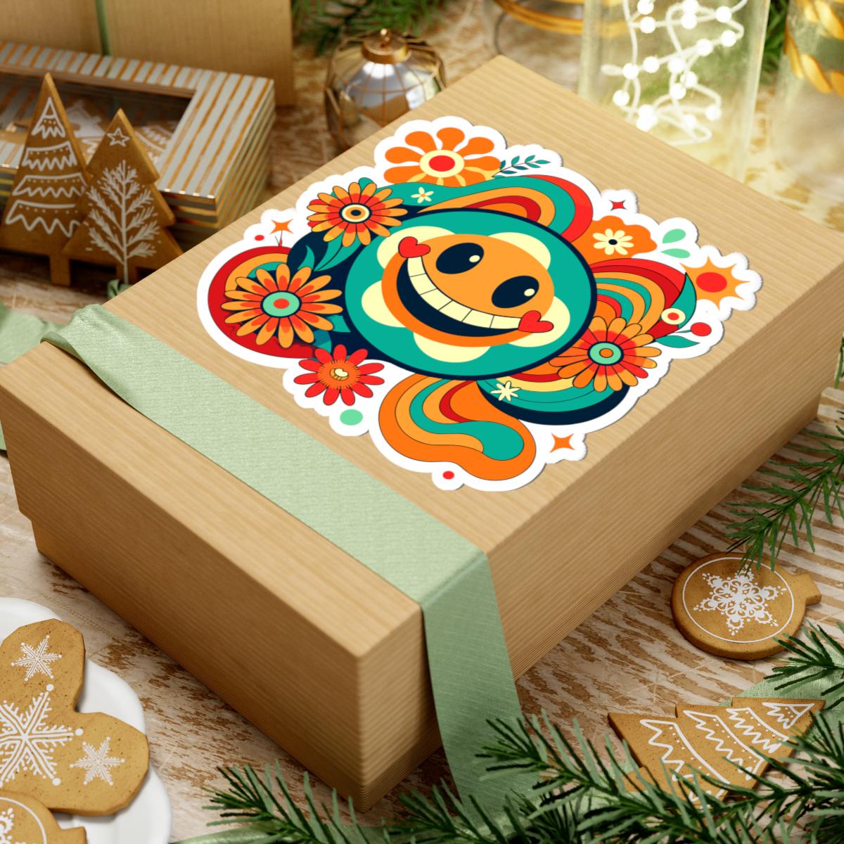 Retro Teal Heart Emoji Sticker | Groovy Flower Power Smiley Face Vinyl Decal