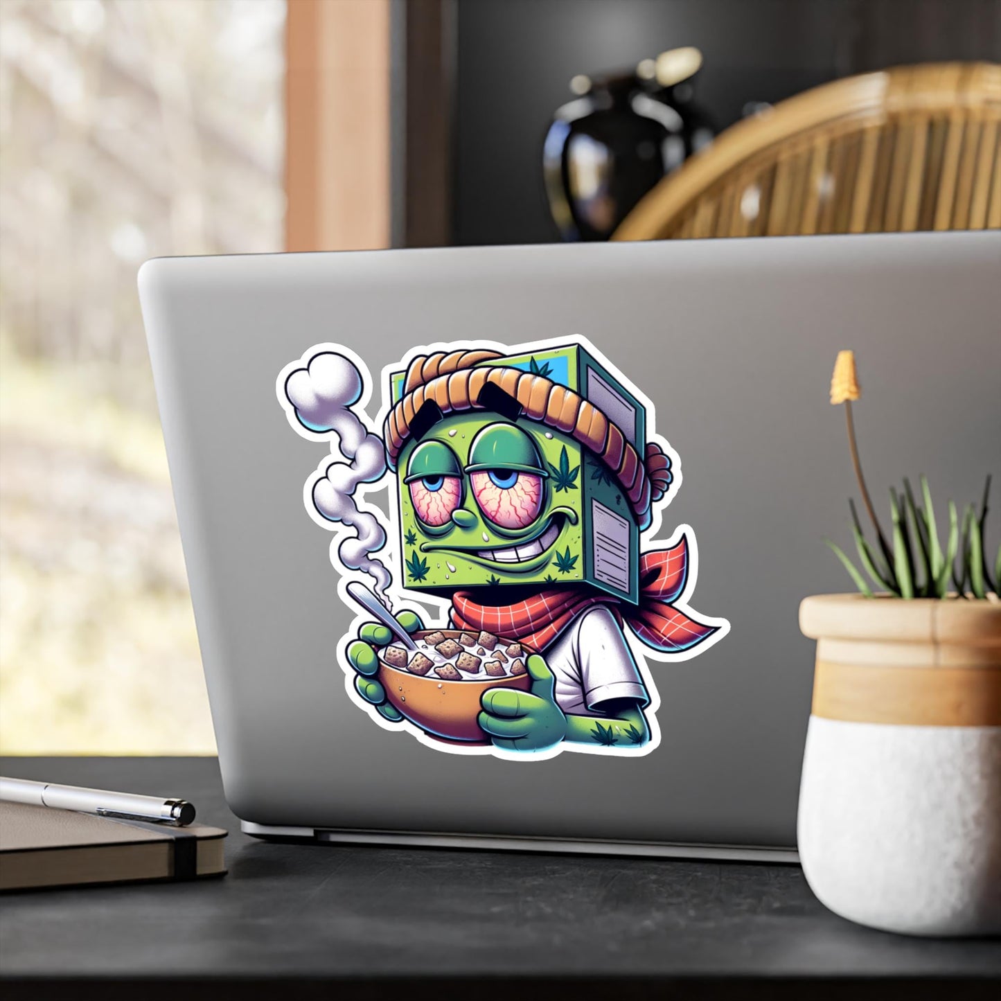 Stoned Cereal Box Head Sticker | Funny Cartoon Vinyl Art (Glossy, Matte, Holo)