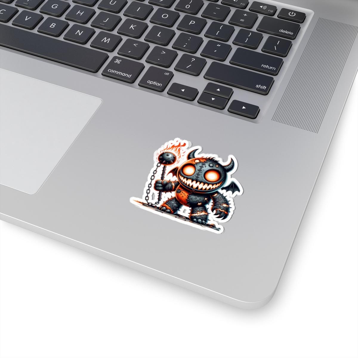 Stitched Demon Plushie Sticker | Fire Mace Vinyl Decal, Spooky Monster Art
