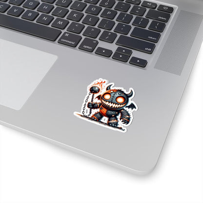 Stitched Demon Plushie Sticker | Fire Mace Vinyl Decal, Spooky Monster Art