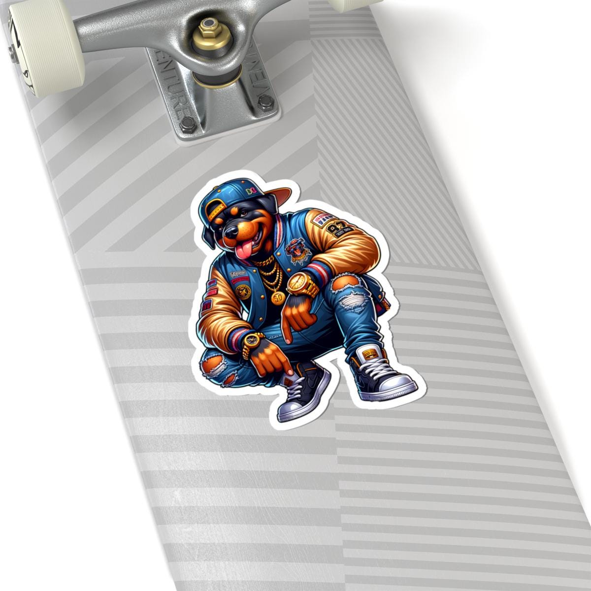 ColorFlow | Rottweiler Streetwear Kiss Cut Sticker Hip Hop Dog Art with Gold Chains, Luxury Watch, Sneakers & Varsity Jacket