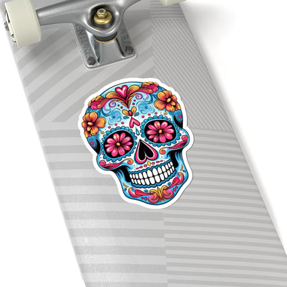 Pink Bloom Sugar Skull Vinyl Sticker | Día de los Muertos Waterproof Calavera Art | Floral Mexican Skull Laptop Decal