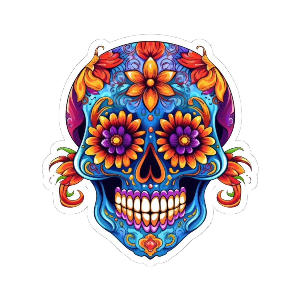 ColorFlow | Vibrant Floral Sugar Skull Sticker | Dia de los Muertos Vinyl Decal | Waterproof Skull Art | Colorful Skull Aesthetic