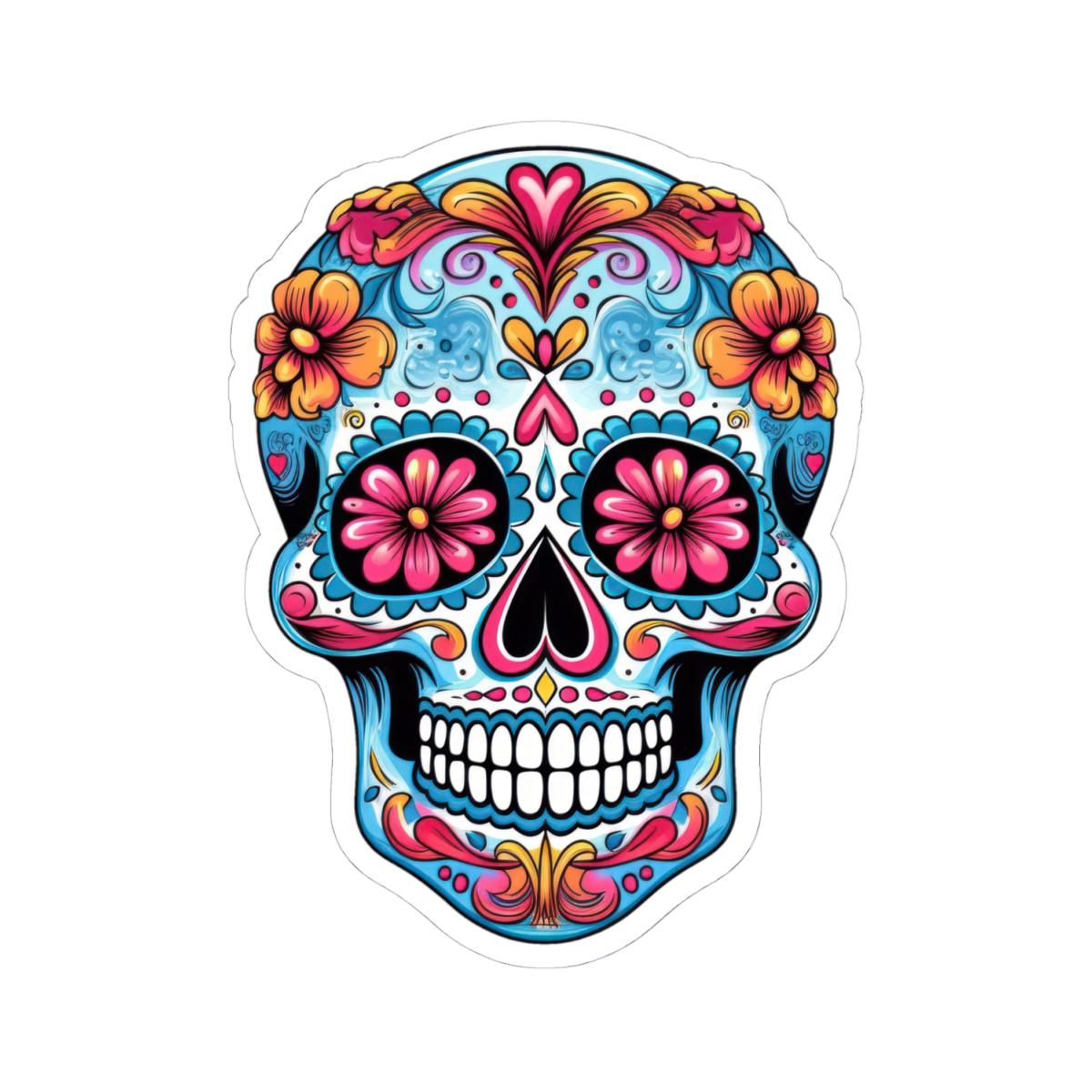 Pink Bloom Sugar Skull Vinyl Sticker | Día de los Muertos Waterproof Calavera Art | Floral Mexican Skull Laptop Decal