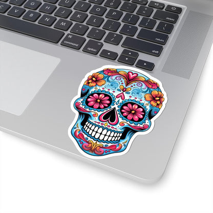 Pink Bloom Sugar Skull Vinyl Sticker | Día de los Muertos Waterproof Calavera Art | Floral Mexican Skull Laptop Decal