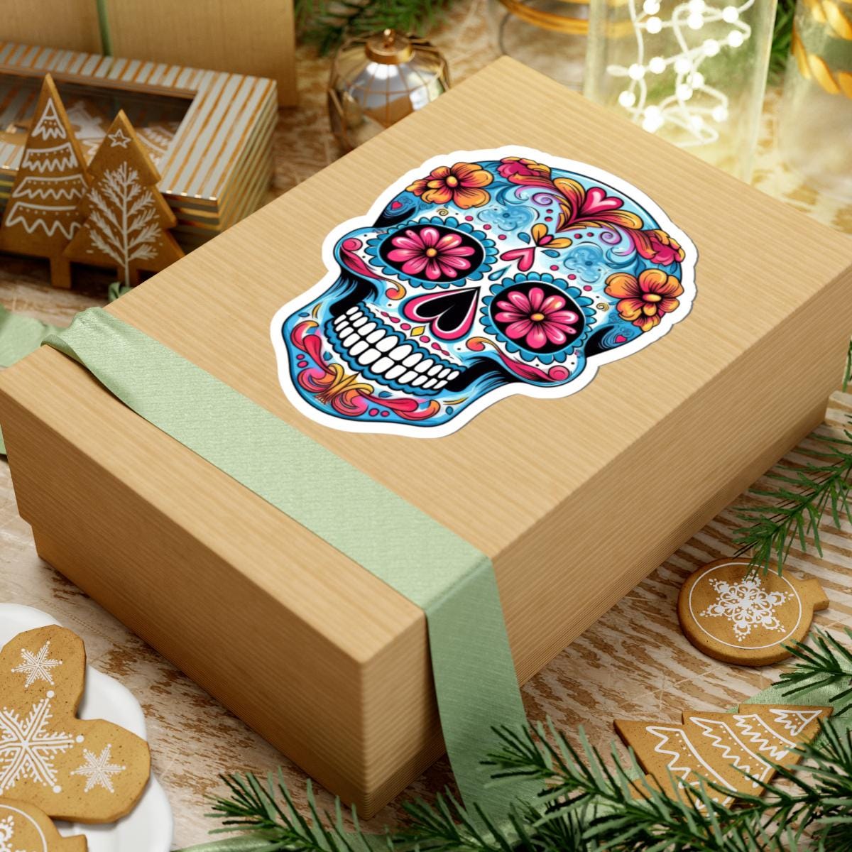 Pink Bloom Sugar Skull Vinyl Sticker | Día de los Muertos Waterproof Calavera Art | Floral Mexican Skull Laptop Decal