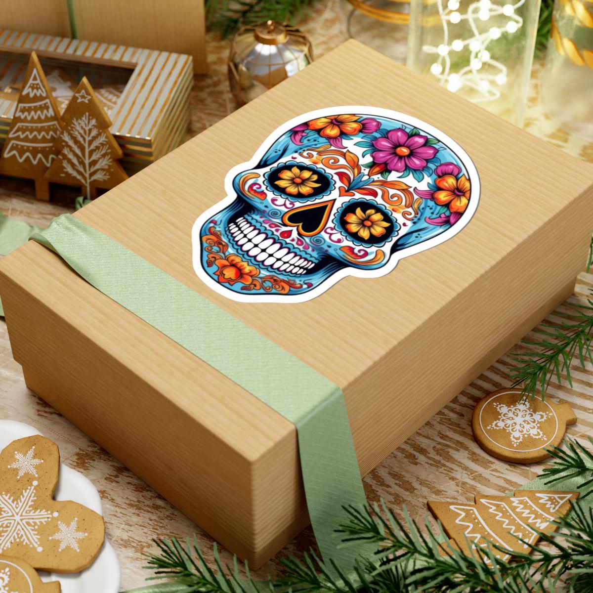 Radiant Floral Sugar Skull Vinyl Sticker | Colorful Día de los Muertos Calavera Art | Waterproof Decorative Laptop Decal