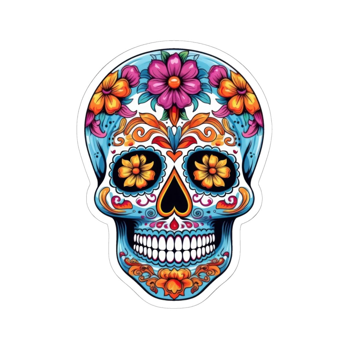 Radiant Floral Sugar Skull Vinyl Sticker | Colorful Día de los Muertos Calavera Art | Waterproof Decorative Laptop Decal