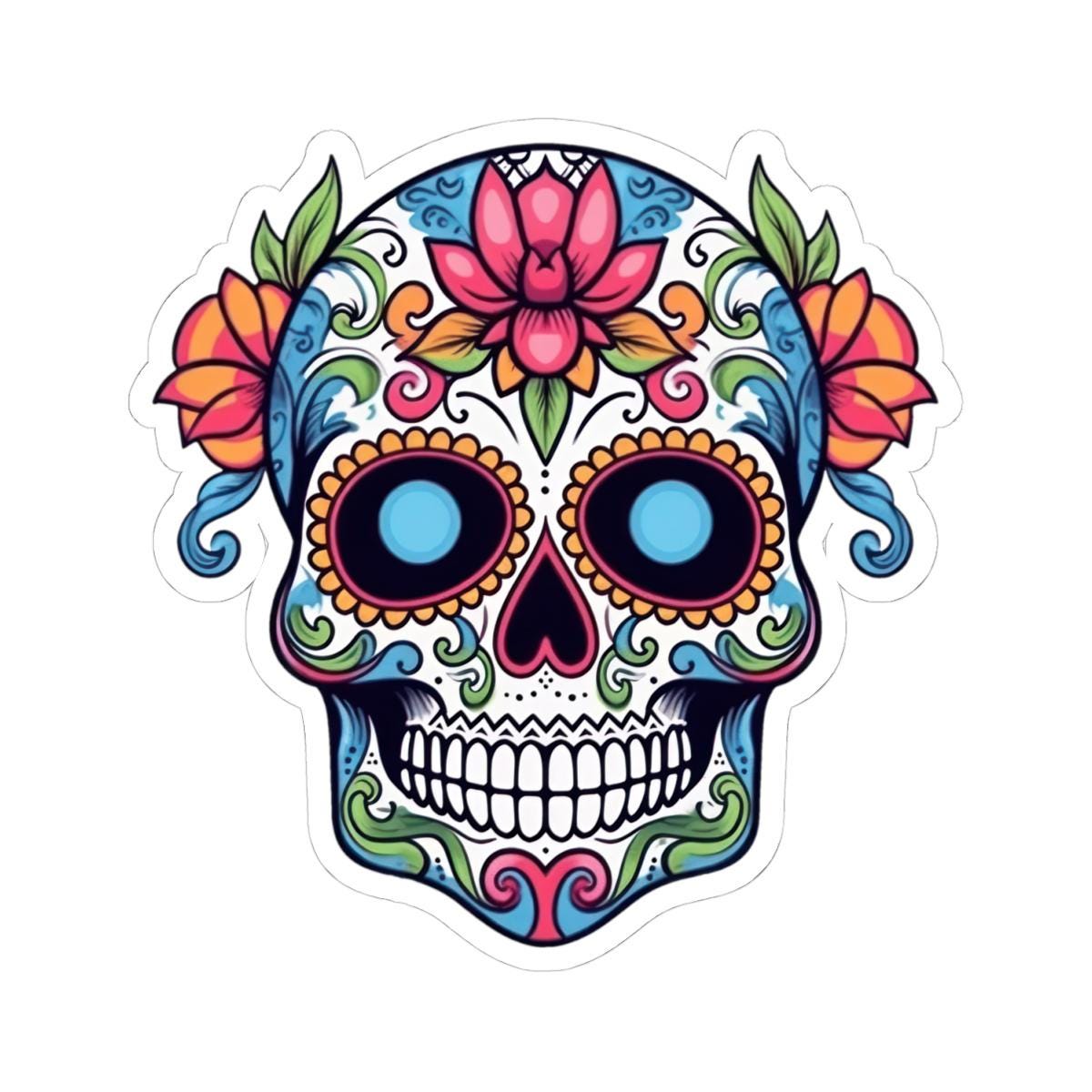 ColorFlow | White Sugar Skull Vinyl Sticker | Floral Dia de los Muertos Decal | Waterproof Gothic Skull Art for Laptop or Flask