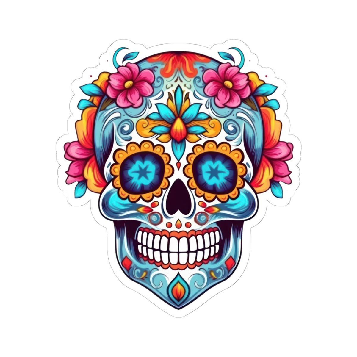 ColorFlow | Floral Sugar Skull Vinyl Sticker | Dia de los Muertos Waterproof Decal | Bright Mexican Skull for Laptop or Water Bottle