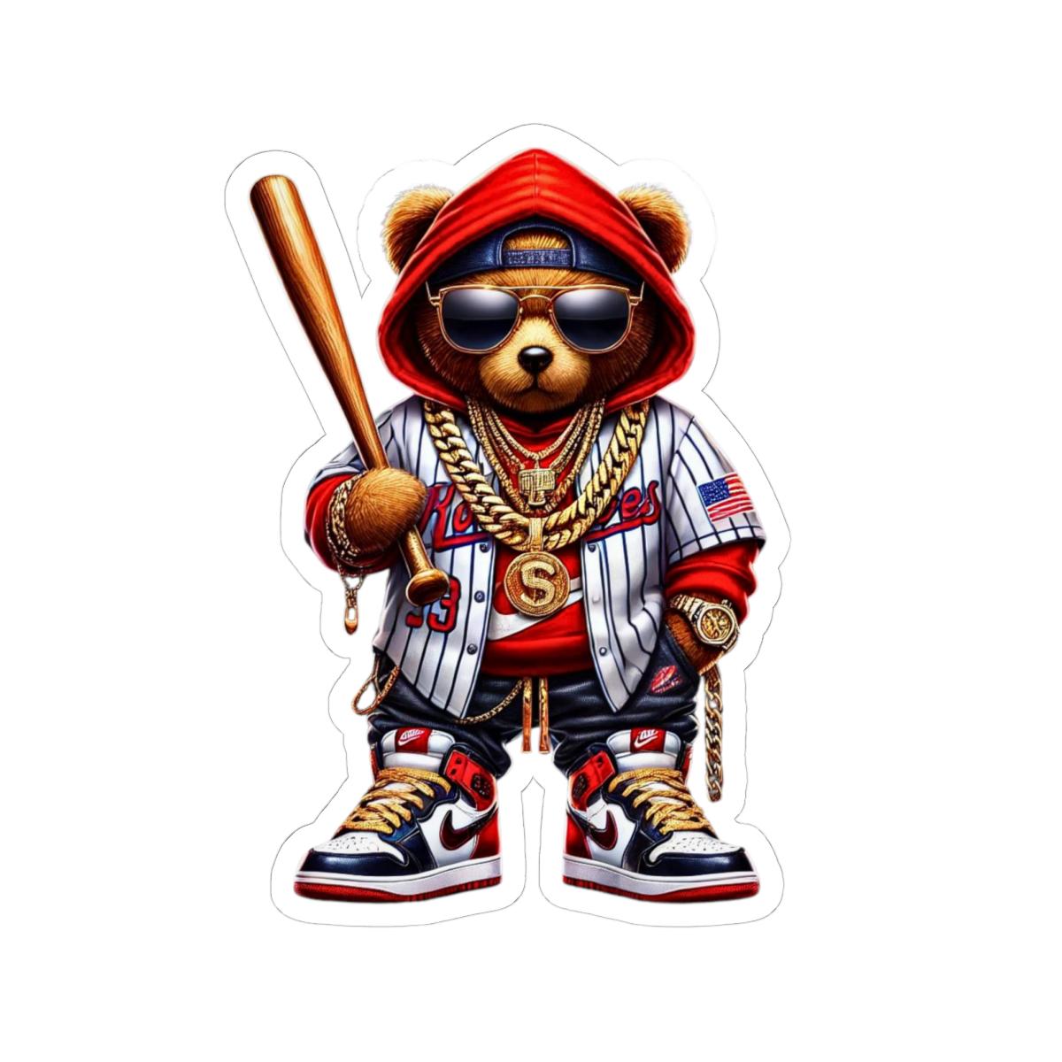 ColorFlow | Red Hoodie Baseball Bear Sticker | Hip Hop Streetwear Teddy Art | Urban Style Kiss Cut Decal