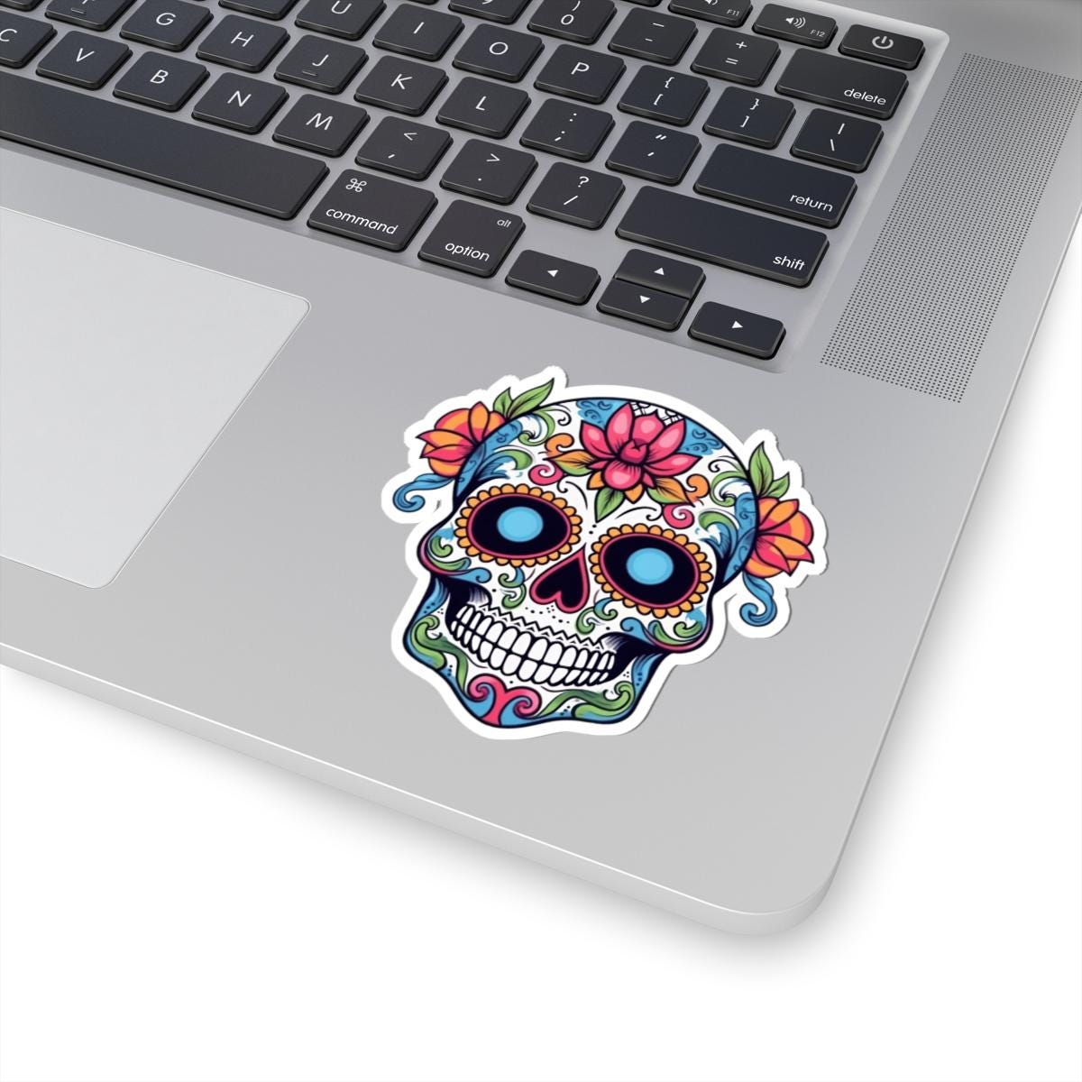 ColorFlow | White Sugar Skull Vinyl Sticker | Floral Dia de los Muertos Decal | Waterproof Gothic Skull Art for Laptop or Flask