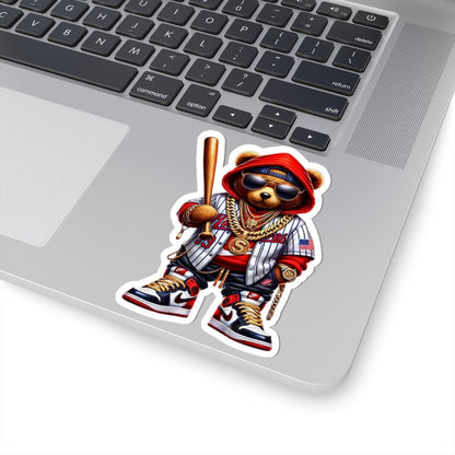 ColorFlow | Red Hoodie Baseball Bear Sticker | Hip Hop Streetwear Teddy Art | Urban Style Kiss Cut Decal