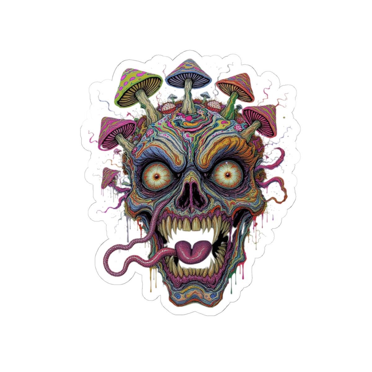 Psychedelic Skull Sticker | Trippy Mushroom Horror Art, Vibrant Surreal Design