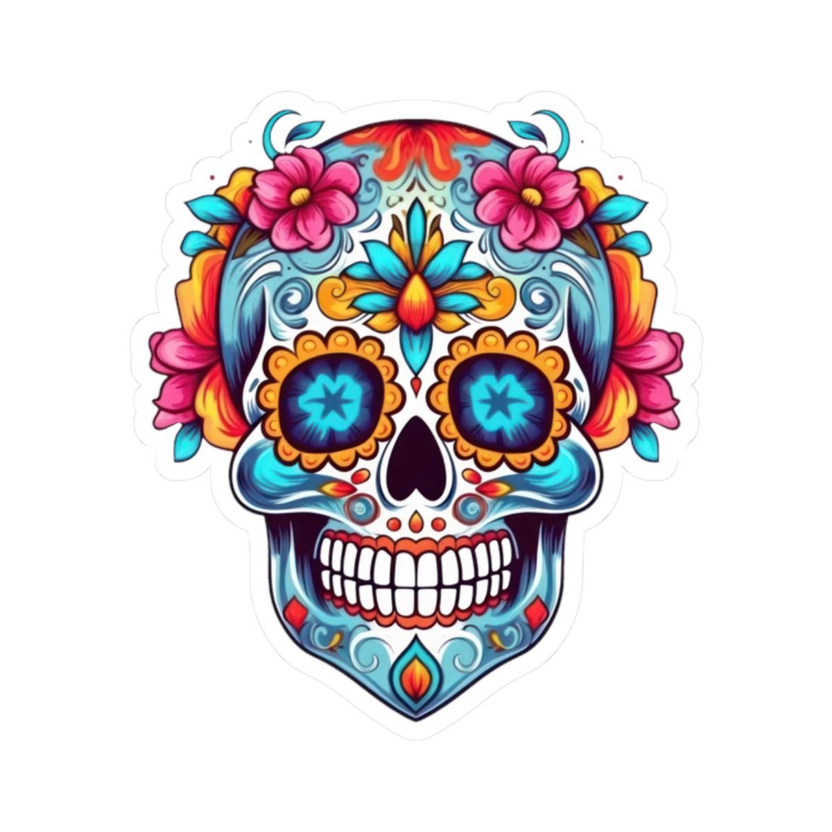 ColorFlow | Floral Sugar Skull Vinyl Sticker | Dia de los Muertos Waterproof Decal | Bright Mexican Skull for Laptop or Water Bottle