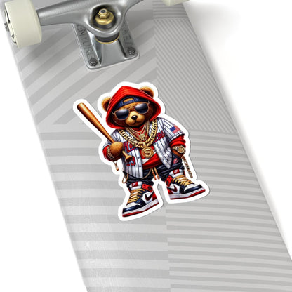 ColorFlow | Red Hoodie Baseball Bear Sticker | Hip Hop Streetwear Teddy Art | Urban Style Kiss Cut Decal