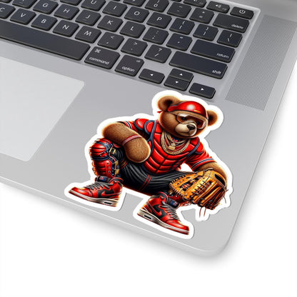 ColorFlow | Red Catcher Gangsta Teddy Sticker | Bold Baseball Bear with Bling & Glove | Urban Kiss Cut Sports Sticker