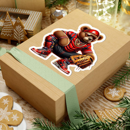 ColorFlow | Red Catcher Gangsta Teddy Sticker | Bold Baseball Bear with Bling & Glove | Urban Kiss Cut Sports Sticker